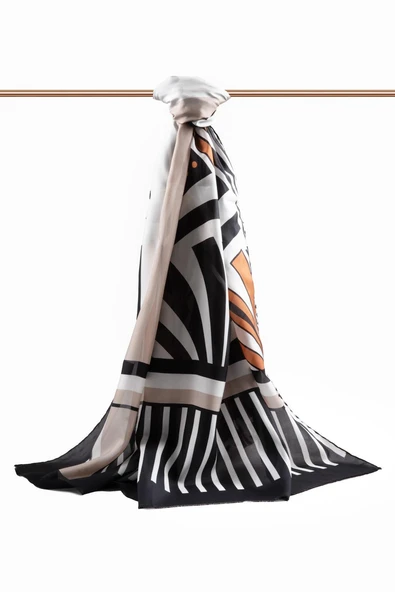 %100 İpek Yelpaze Desenli Bej - Taba Renkli 92x210 Şal - Resim 3