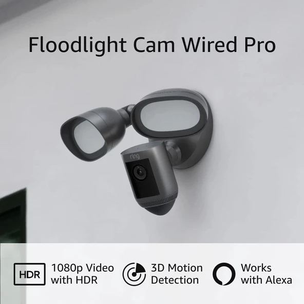Ring Floodlight Cam Wired Pro Kuş Bakışı ve 3D Hareket Algılama, Grafit - Resim 2