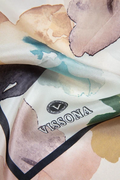 %100 İpek Suluboya Çiçek Desenli Bakır - Petrol Yeşili Renkli 92x210 Şal - Resim 3