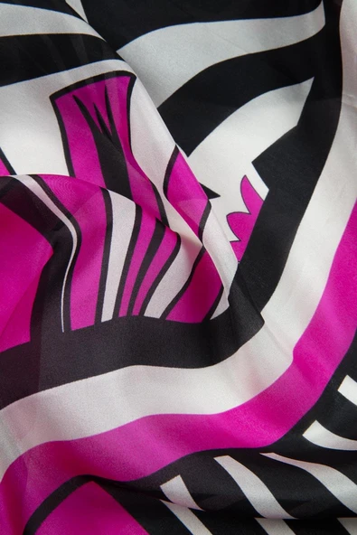 %100 İpek Yelpaze Desenli Fuşya - Siyah Renkli 92x210 Şal - Resim 3