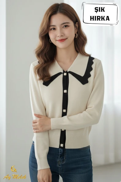 Kadın Triko Polo Yaka Düğmeli Fitilli Hırka - Resim 8