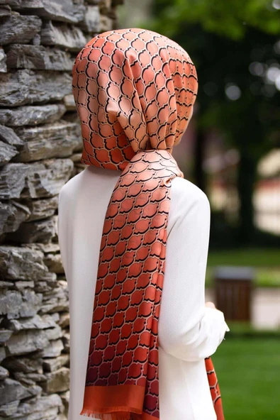 %100 İpek Petek Desenli Taba - Somon Renkli 92x210 Şal ürün görseli