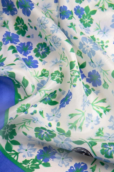 %100 İpek Çıtır Çiçek Desenli Saks Renkli 92x210 Şal - Resim 4