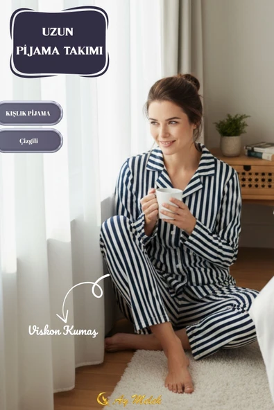 Kadın Pijama Takımı Pamuklu Polo Yaka Çizgili Takım - Resim 12