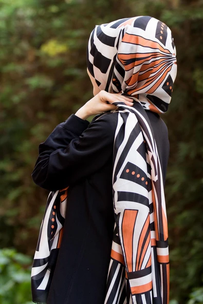 %100 İpek Yelpaze Desenli Taba - Siyah Renkli 92x210 Şal ürün görseli