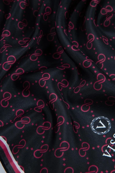 %100 İpek Minik Motif Desenli Siyah - Bordo Renkli 92x210 Şal - Resim 3