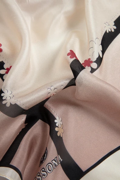 %100 İpek Çiçek Desenli Krem Renkli 92x210 Şal - Resim 3