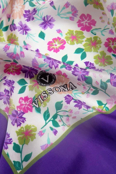 %100 İpek Çıtır Çiçek Desenli Mor Renkli 92x210 Şal - Resim 3