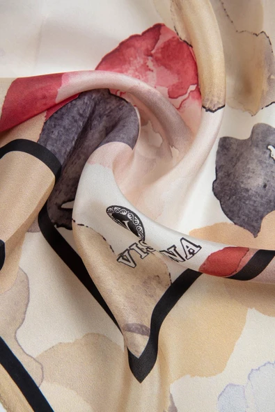 %100 İpek Suluboya Çiçek Desenli Bej - Kırmızı Renkli 92x210 Şal - Resim 3