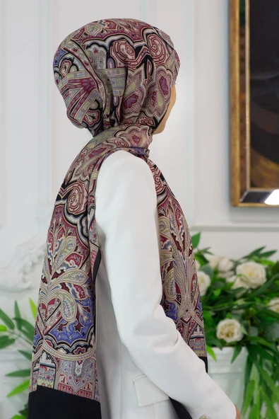 %100 İpek Etnik Desenli Siyah Renkli 92x210 Şal ürün görseli 1