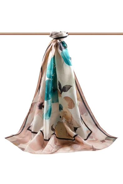 %100 İpek Suluboya Çiçek Desenli Bakır - Petrol Yeşili Renkli 92x210 Şal - Resim 2