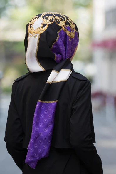 %100 İpek Monogram Ve Varak Desenli Mor - Gold Renkli 92x210 Şal ürün görseli 1