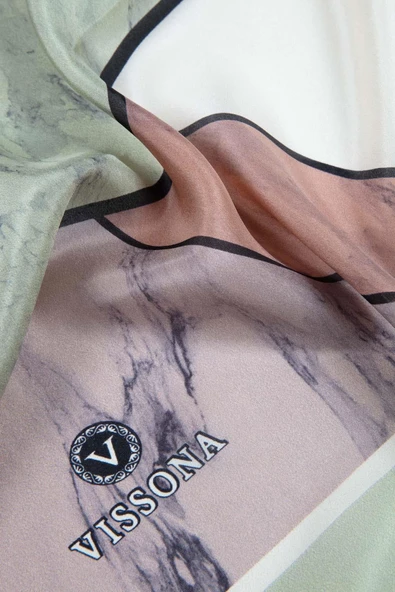 100% İPEK MERMER DESENLİ HAKİ - TABA RENKLİ ŞAL - Resim 3