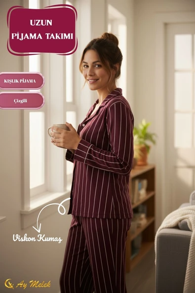 Kadın Pijama Takımı Pamuklu Polo Yaka Çizgili Takım ürün görseli