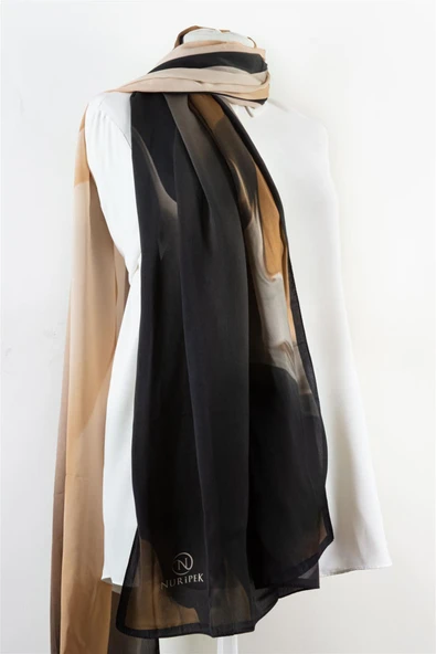 SÜVARİ ŞAL BATİK DESENLİ SİYAH - BEJ RENKLİ 75X210 ŞAL İTALYAN DİKİŞLİ - Resim 2