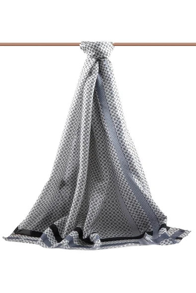 100% İPEK BANT DESENLİ KREM - GRİ RENKLİ ŞAL - Resim 2