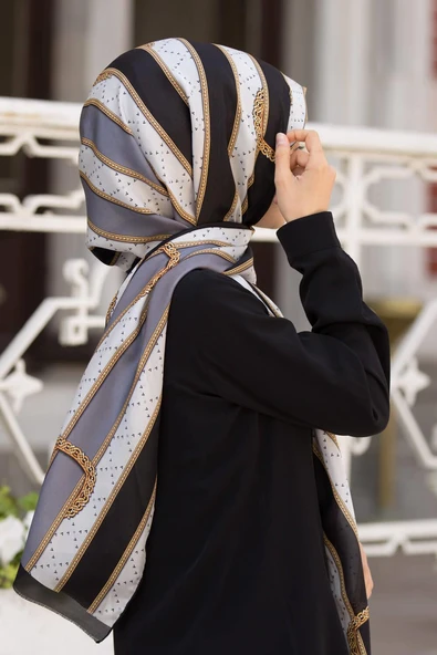 100% İPEK KEMER DESENLİ FÜME - SİYAH RENKLİ ŞAL - Resim 2