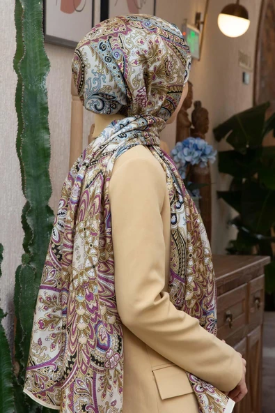 100% İpek Etnik Desenli Bej - Mürdüm Renkli 92x210 Şal ürün görseli