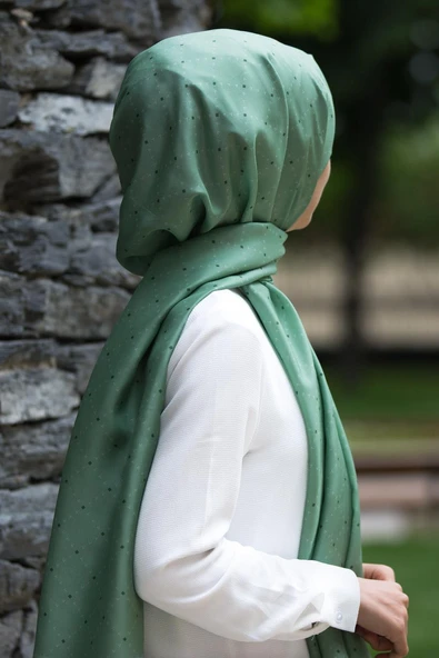 %100 İpek Geometrik Desenli Haki - Haki Renkli 92x210 Şal - Resim 2