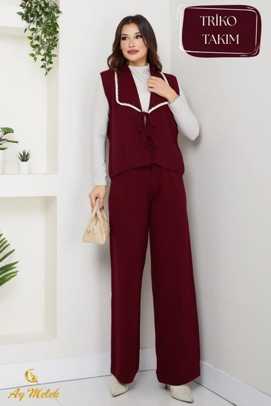 Kadın Triko Takım Şal Yaka Yelekli Pantolon Takım ürün görseli