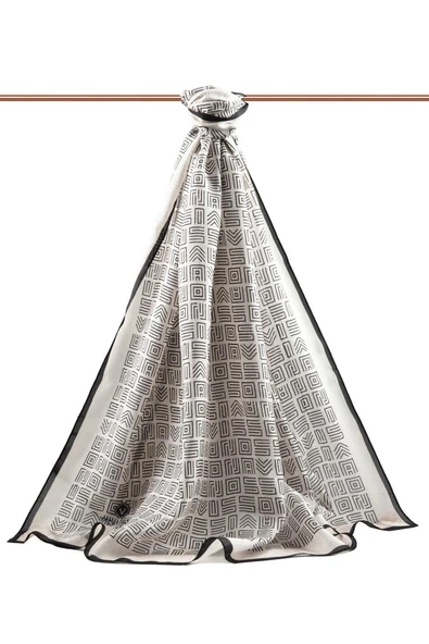 % 100 İPEK ETNİK DESENLİ KREM - SİYAH RENKLİ ŞAL - Resim 2