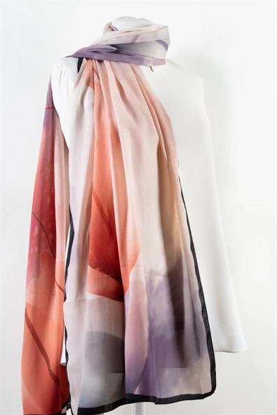 SÜVARİ ŞAL ÇİÇEK DESENLİ NAR ÇİÇEĞİ - İNDİGO RENKLİ 75X210 ŞAL İTALYAN DİKİŞLİ - Resim 2