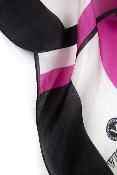 %100 İpek Yelpaze Desenli Fuşya - Siyah Renkli 92x210 Şal - Resim 4