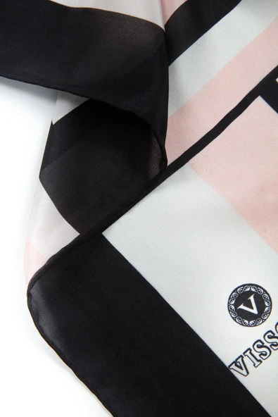 %100 İpek Yelpaze Desenli Pudra - Siyah Renkli 92x210 Şal - Resim 4