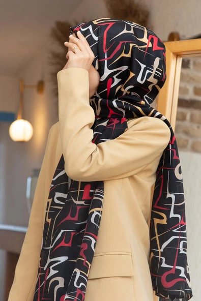 100% İPEK ÇİZGİLİ DESENLİ SİYAH - BORDO  RENKLİ ŞAL ürün görseli 1