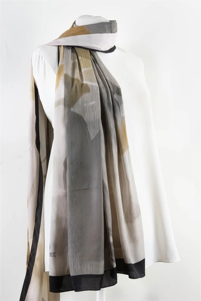 SÜVARİ ŞAL ÇİÇEK DESENLİ GRİ - BEJ RENKLİ 75X210 ŞAL İTALYAN DİKİŞLİ - Resim 2