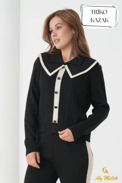 Kadın Triko Hırka Biyeli Geniş Düz Yaka Düğmeli Hırka - Resim 3