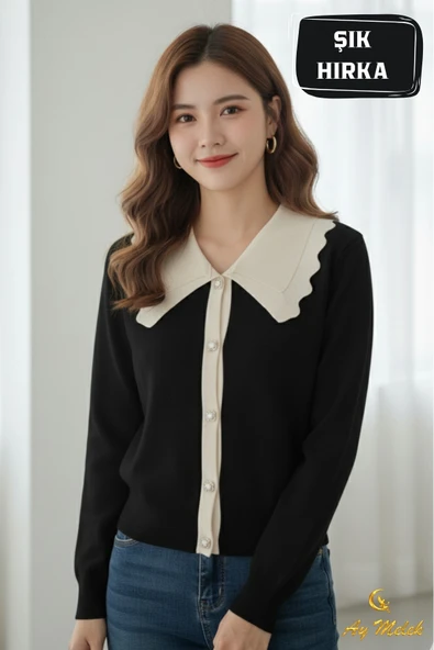 Kadın Triko Polo Yaka Düğmeli Fitilli Hırka - Resim 4