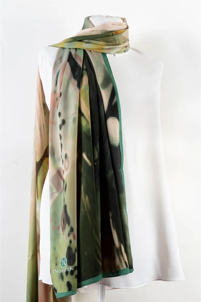 SÜVARİ ŞAL SOYUT DESENLİ HAKİ - PETROL YEŞİLİ RENKLİ 75X210 ŞAL İTALYAN DİKİŞLİ - Resim 2