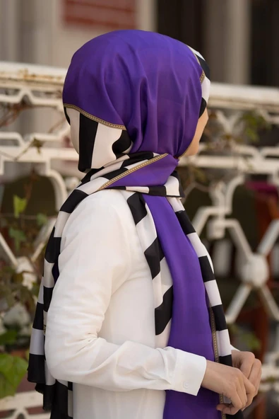 %100 İpek Çizgili Ve Varak Desenli Mor - Siyah Renkli 92x210 Şal - Resim 2