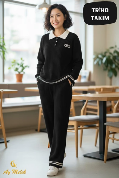 Kadın Triko Takım Düğmeli Çizgi Detaylı Fitilli Polo Yaka Takım - Resim 7