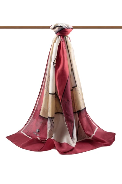 100% İPEK MERMER DESENLİ BORDO - BEJ RENKLİ ŞAL ürün görseli