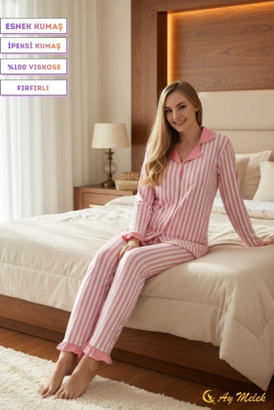 Kadın Pijama Takımı Desenli Pamuklu Fırfır Detaylı Polo Yaka Takım - Resim 11