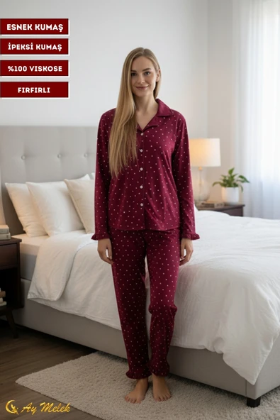 Kadın Pijama Takımı Desenli Pamuklu Fırfır Detaylı Polo Yaka Takım - Resim 6