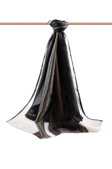 %100 İPEK ETNİK DESENLİ SİYAH - HAKİ YEŞİLİ RENKLİ ŞAL - Resim 2