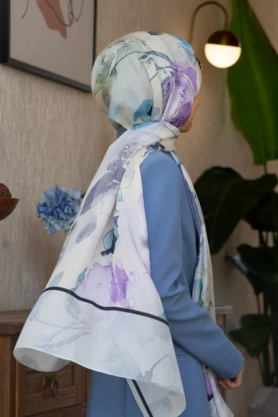 %100 İpek Suluboya Çiçek Desenli Gri - Lila Renkli 92x210 Şal ürün görseli 1