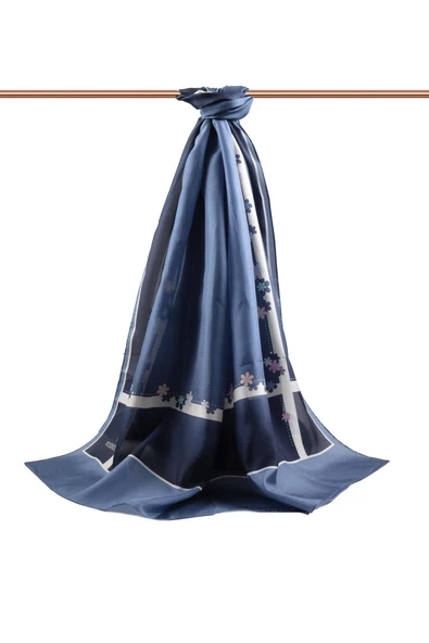 %100 İpek Çiçek Desenli İndigo Renkli 92x210 Şal - Resim 2