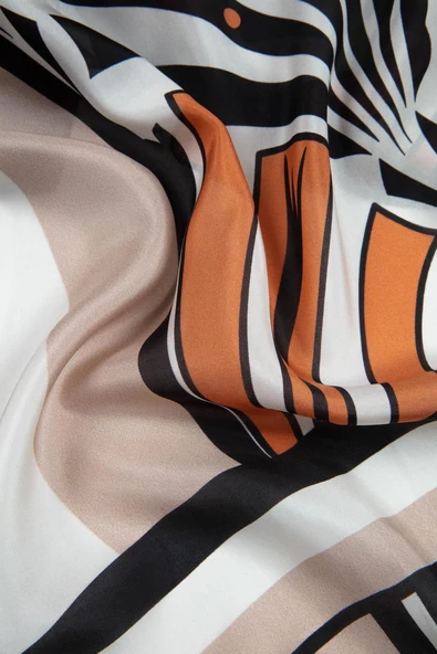 %100 İpek Yelpaze Desenli Bej - Taba Renkli 92x210 Şal ürün görseli 1