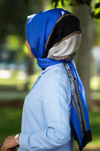 %100 İpek Çizgili Desenli Saks - Siyah Renkli 92x210 Şal - Resim 2