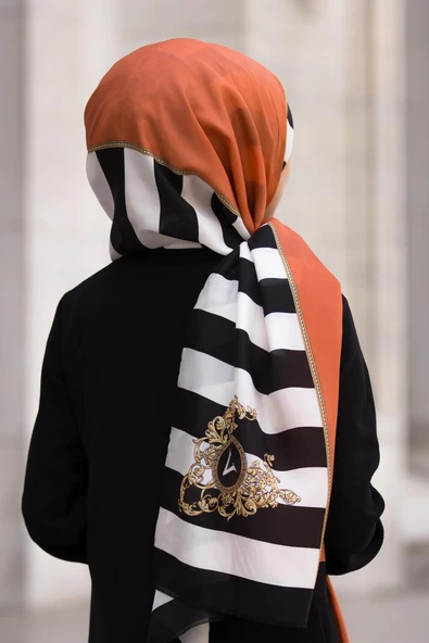 %100 İpek Çizgili Ve Varak Desenli Turuncu - Siyah Renkli 92x210 Şal ürün görseli 1