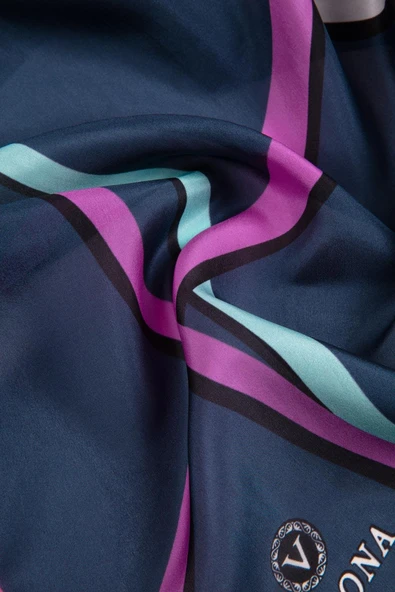 100% İPEK ÇİZGİ DESENLİ LACİVERT - FUŞYA RENKLİ ŞAL - Resim 3