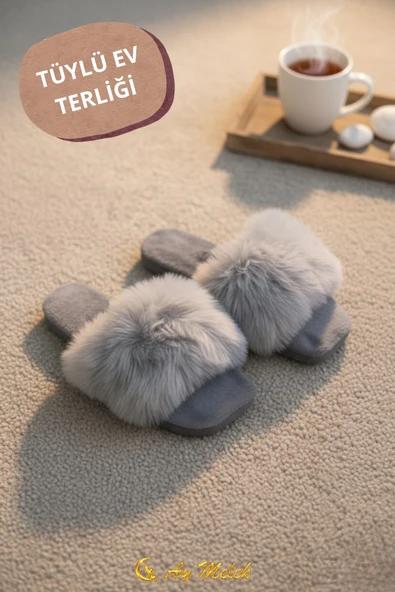 Kadın Ev Terliği Çeyizlik Gül Desenli Tüylü Yumuşak Peluş Terlik - Resim 4