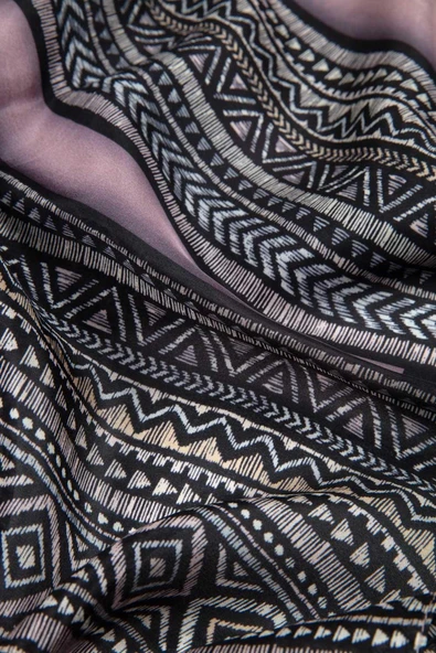 %100 İPEK ETNİK DESENLİ GÜL KURUSU - GRİ RENKLİ ŞAL - Resim 4