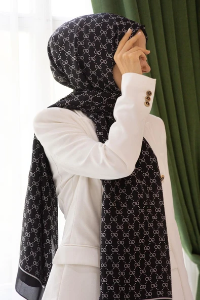 %100 İpek Minik Motif Desenli Siyah - Siyah Renkli 92x210 Şal ürün görseli 1