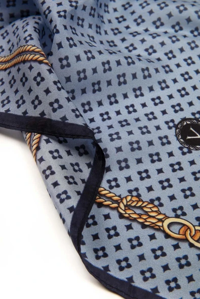 %100 İPEK ZİNCİR DESENLİ İNDİGO - LACİVERT RENKLİ ŞAL - Resim 4