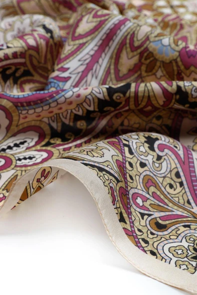 100% İpek Etnik Desenli Bej - Mürdüm Renkli 92x210 Şal - Resim 4